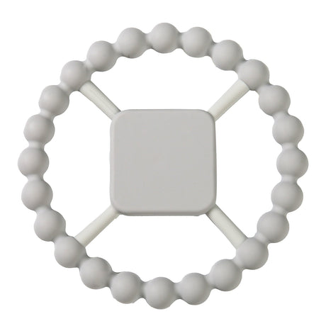 White silicone teething ring with a square handle on a white background