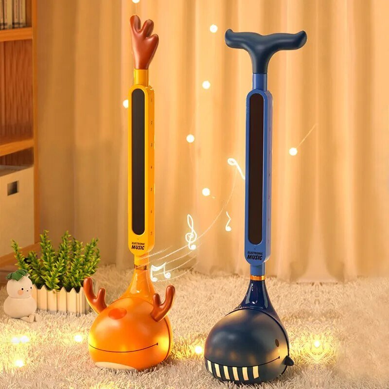 Two novelty tools, one orange and one blue, on a carpeted floor with a warm-toned curtain background.