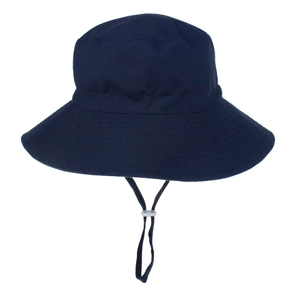 Navy blue bucket hat with a chin strap on a white background