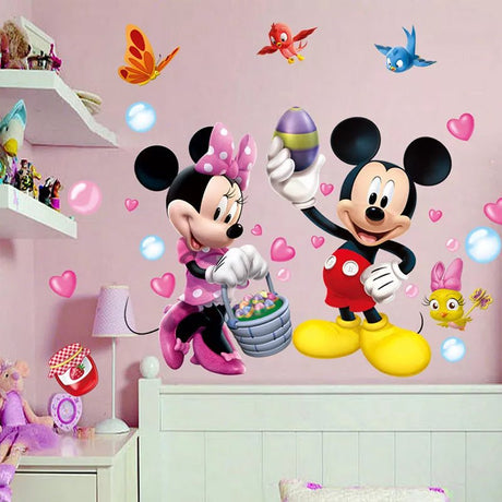 Wall stickers of Mickey and Minnie Mouse with Easter eggs and decorations in a child's room.