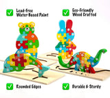 Colorful wooden puzzle toys shaped like animals with eco-friendly and lead-free features.