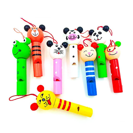 Set of colorful animal-themed whistles on a white background