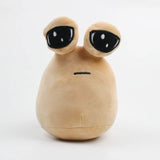 Beige plush toy with large black eyes on a white background