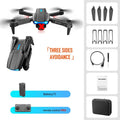 Drone with accessories including propellers, cable, battery, remote control, and carrying case on a white background.