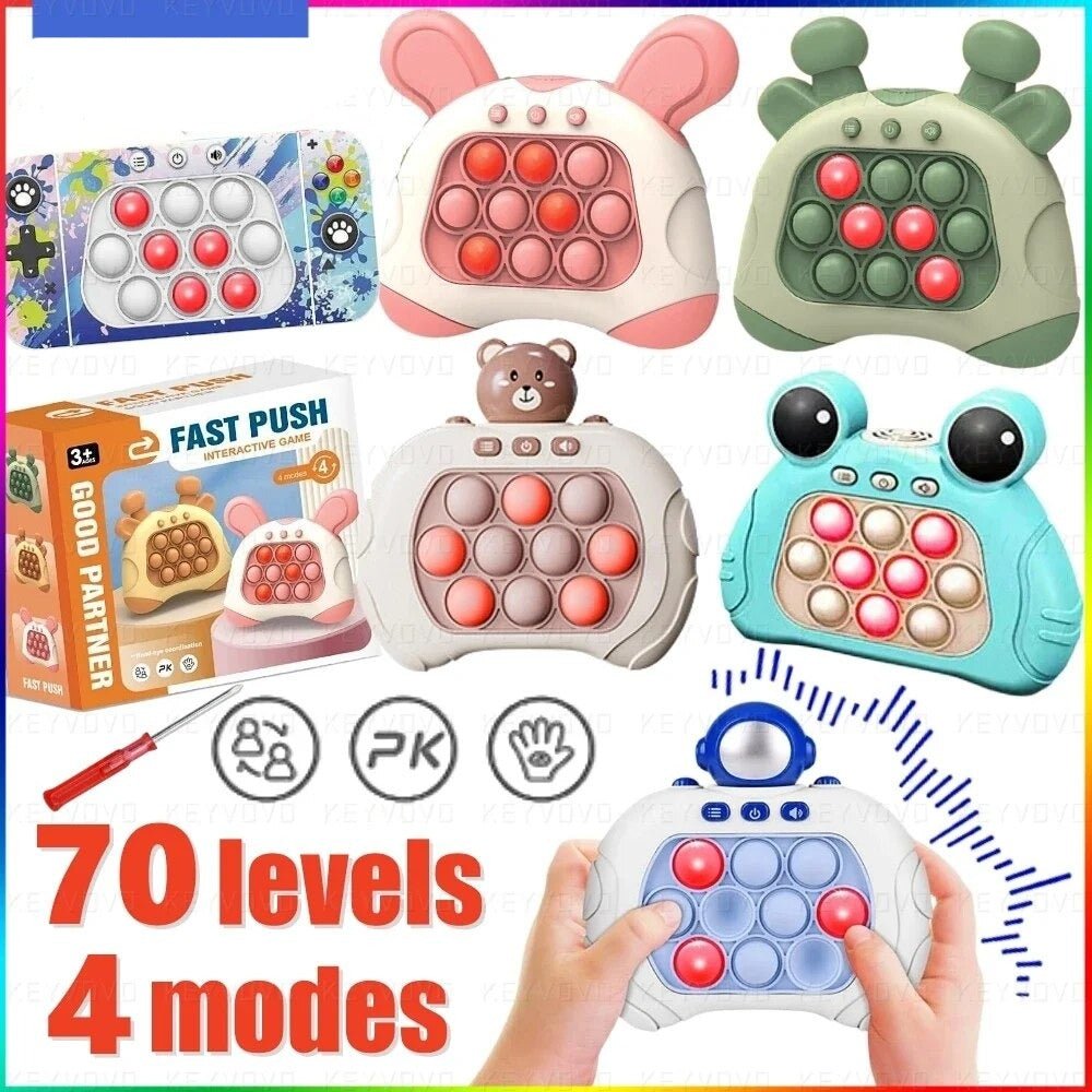 Collection of colorful pop-it toys with different designs and a hand holding one, on a white background.