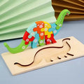 3D Dinosaur number puzzle on a wooden base for toddlers building sequencing and focus skills.