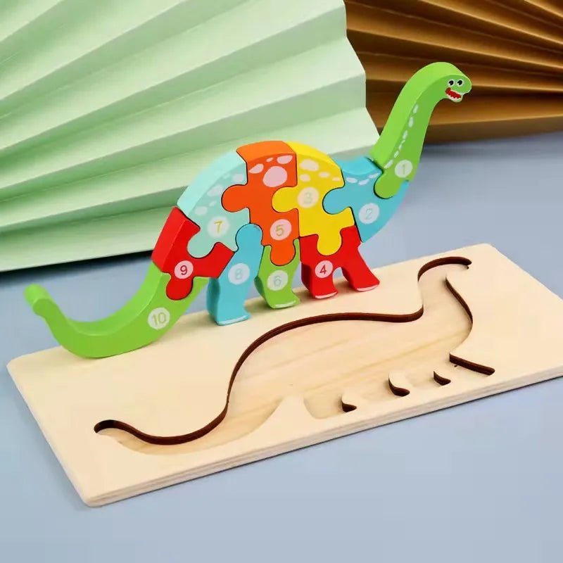 3D Dinosaur wooden puzzle on a numbered base for toddlers pairing dinosaur play with counting.