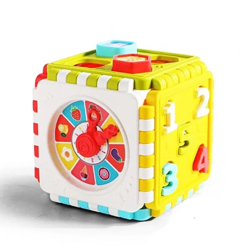 3D hexahedron block with a spinning wheel feature for shape matching baby play.