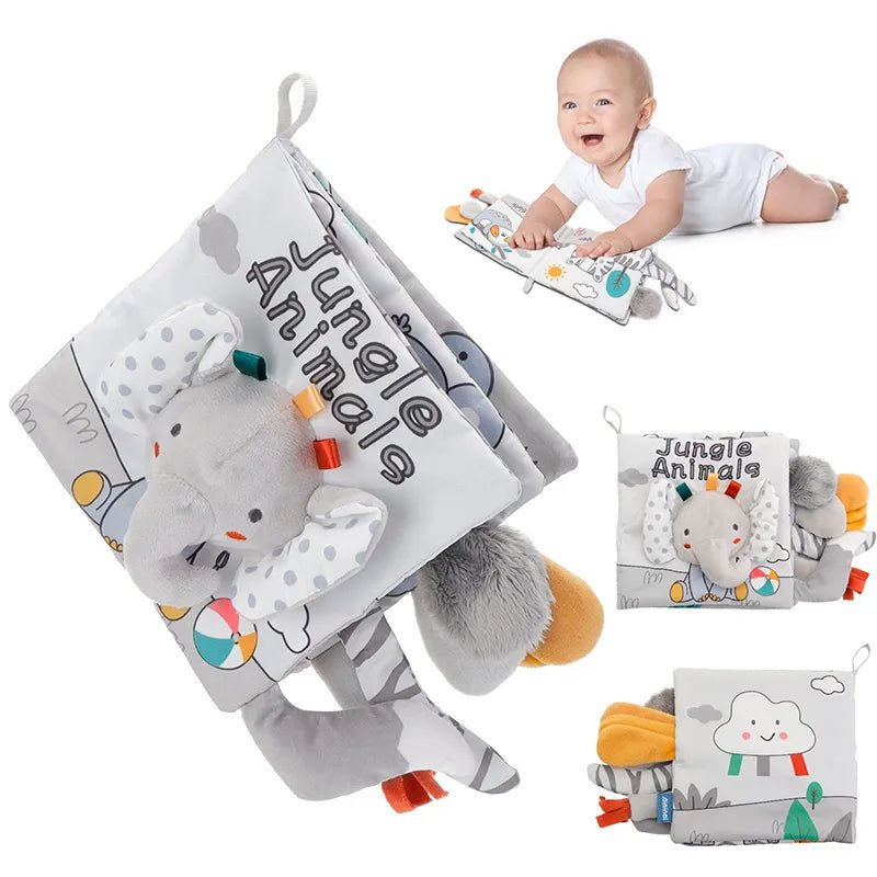 3D High Contrast Soft Cloth Baby Book with jungle animals for sensory play and tummy time from 0-12 months.