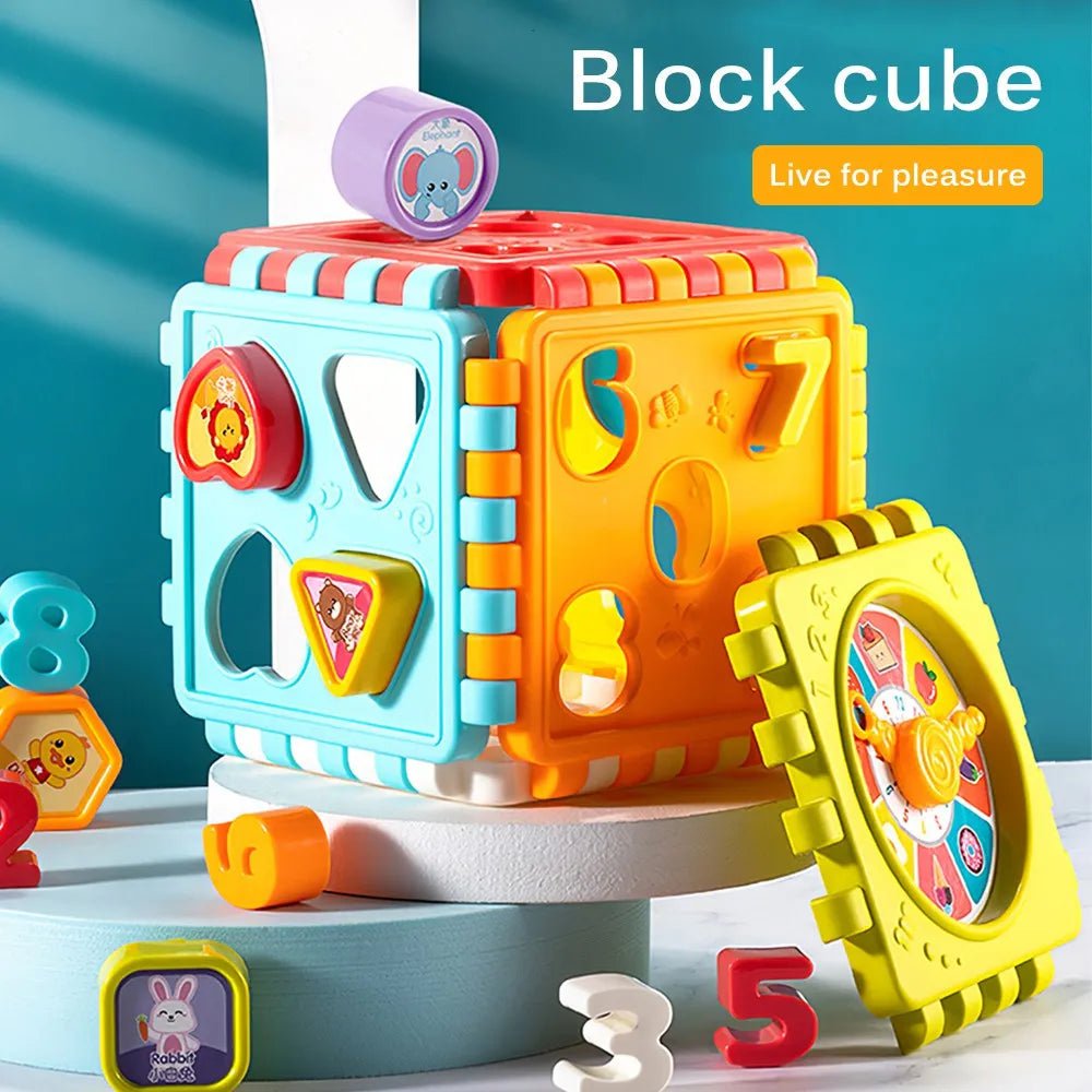 3D shape matching puzzle cube with numbers for toddler cognitive development.