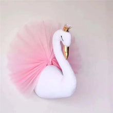 3D Stuffed Swan Head wall decor with pink tutu and gold crown for baby girl nursery styling and gifting.