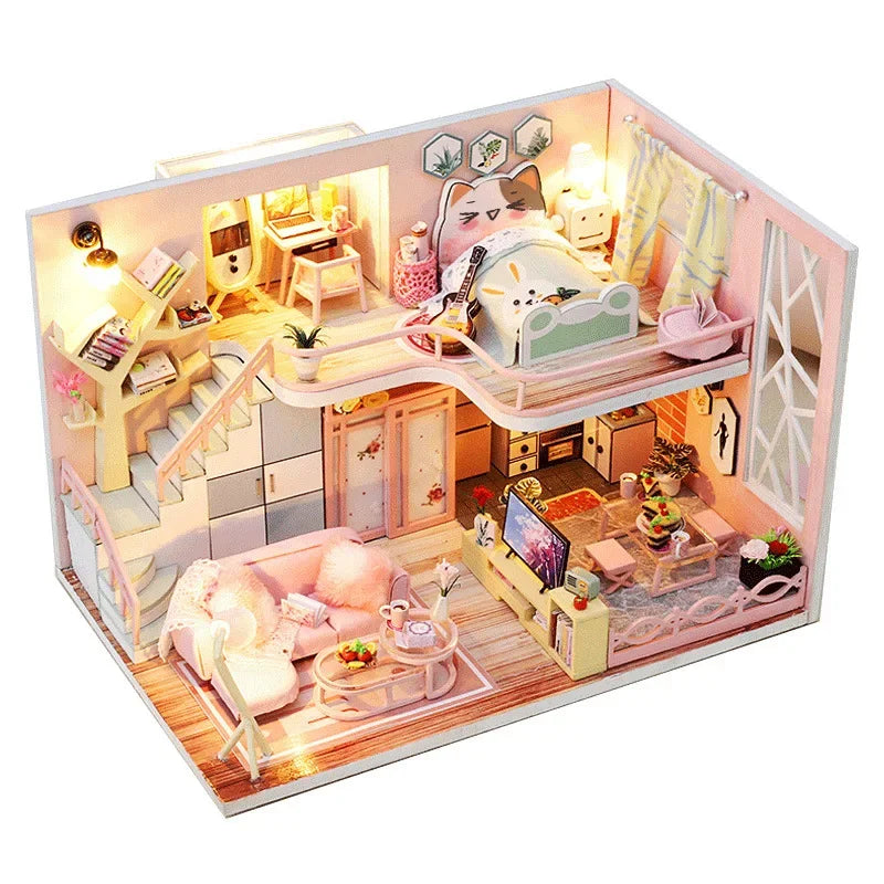 3D wooden miniature dollhouse kit fully assembled with detailed furniture and lighting on display.