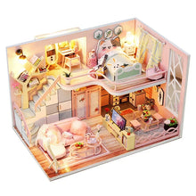 3D wooden miniature dollhouse kit fully assembled with detailed furniture and lighting on display.