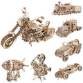 3D Wooden Puzzle Gear Model DIY Kit collection with motorcycle, truck, airplane, and car builds for hands-on STEM crafting.