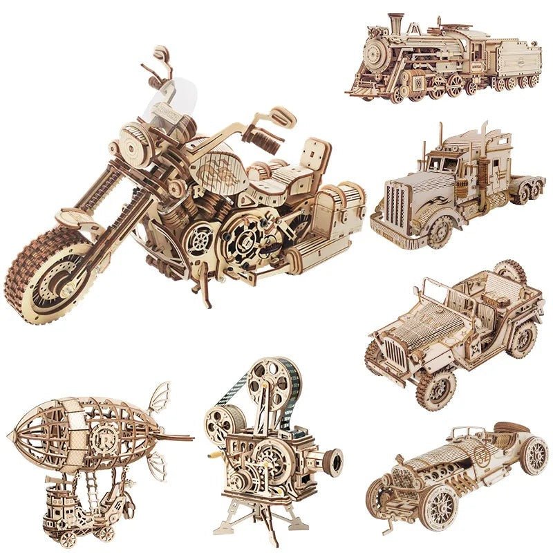 3D Wooden Puzzle Gear Model DIY Kit collection with motorcycle, truck, airplane, and car builds for hands-on STEM crafting.