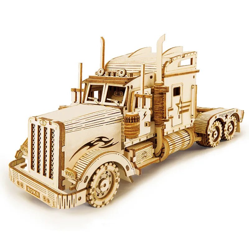 Wooden gear truck model built from the 3D puzzle DIY kit for teaching mechanics to children through hands-on assembly.