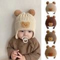 Baby wearing a beige knit hat with bear ears and a matching brown sweater, with inset images of the hat in different colors.