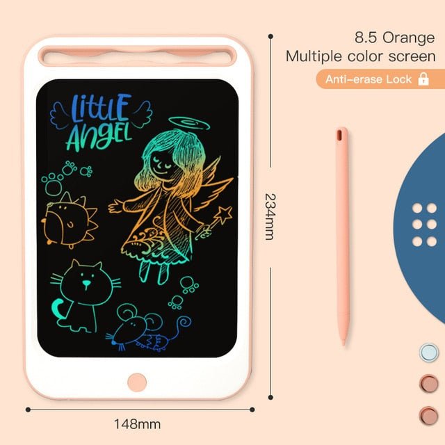 Small electronic device with colorful screen displaying a drawing of an angel and cat, next to a pen and dimensions on a peach background.