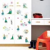 Wall with Disney Frozen character decals, including Elsa and Anna, next to a red chair and white cabinet.