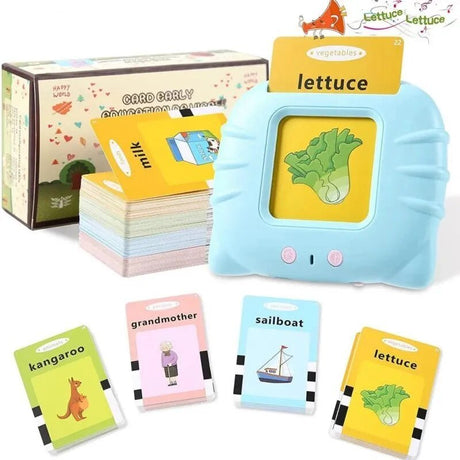 Educational card set with colorful cards and a blue frame displaying a lettuce card.