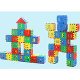 Colorful building blocks stacked into various shapes on a light blue background