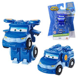 Two blue toy vehicles with a packaging display of 'Super Wings' on a white background