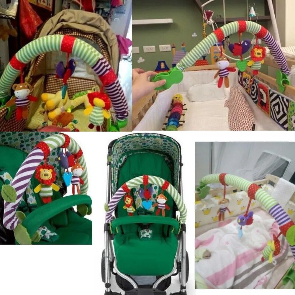Colorful baby car seat and stroller toy with hanging toys in various settings.