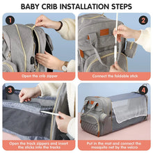Step by step setup guide for folding out the baby bed on the 3-in-1 backpack for quick travel naps.
