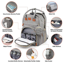Gray 3-in-1 diaper backpack with foldable baby bed and USB port features highlighted for travel convenience.