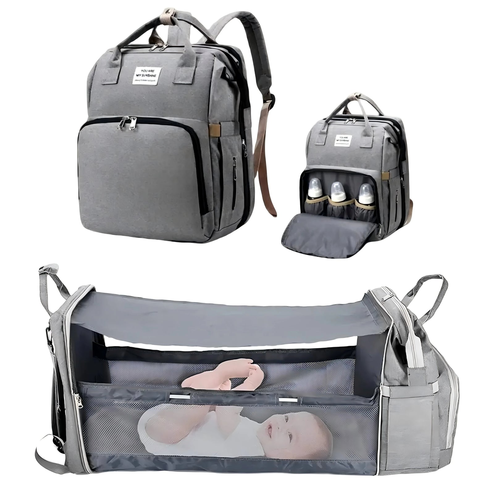 Gray multi-functional 3-in-1 backpack with foldable baby bed and USB port for busy parents on the move.