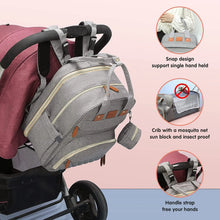 Gray 3-in-1 backpack with stroller attachment straps for hands-free carrying during walks and travel.