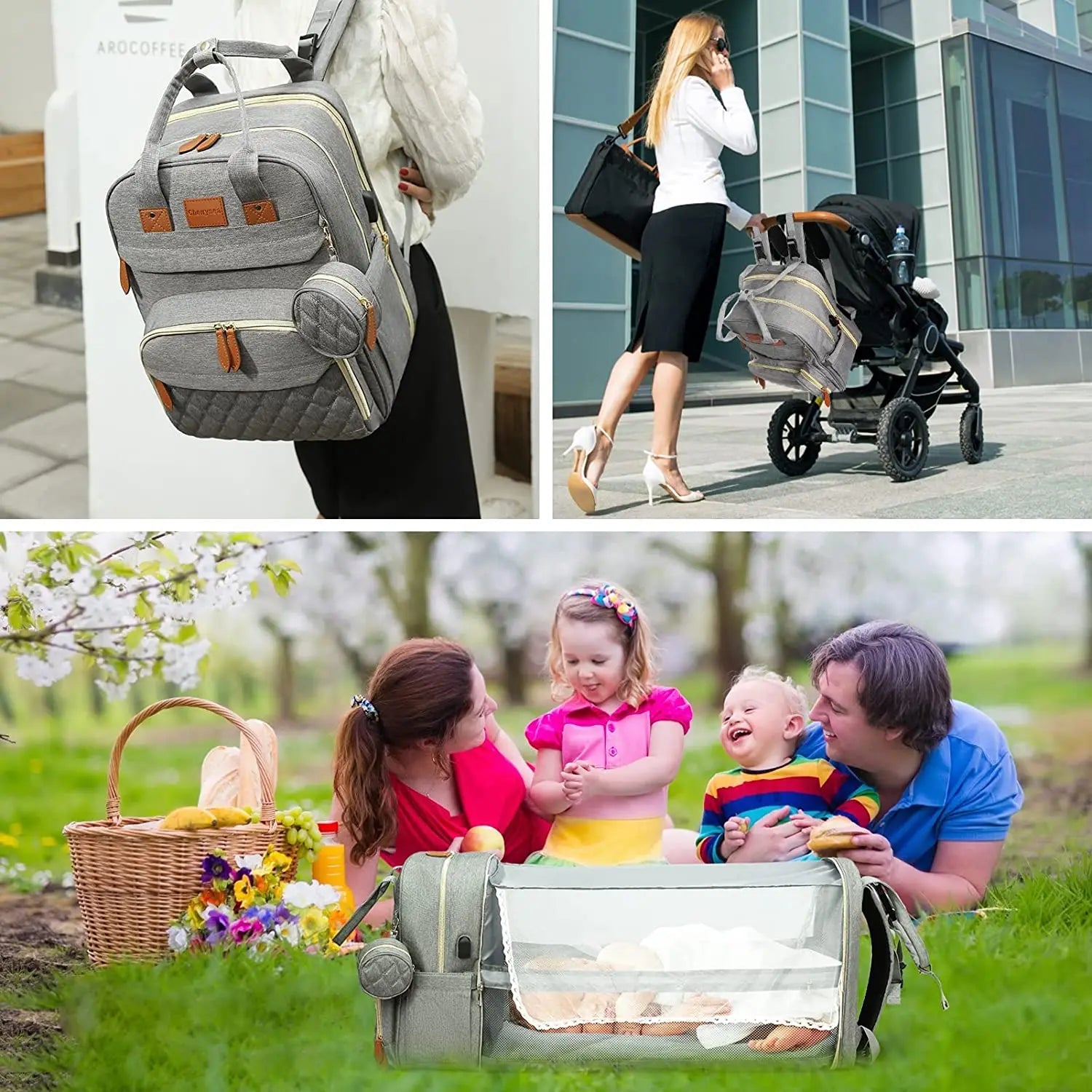 3-in-1 backpack with foldable baby bed and USB port shown in its multiple uses for parents on the go.