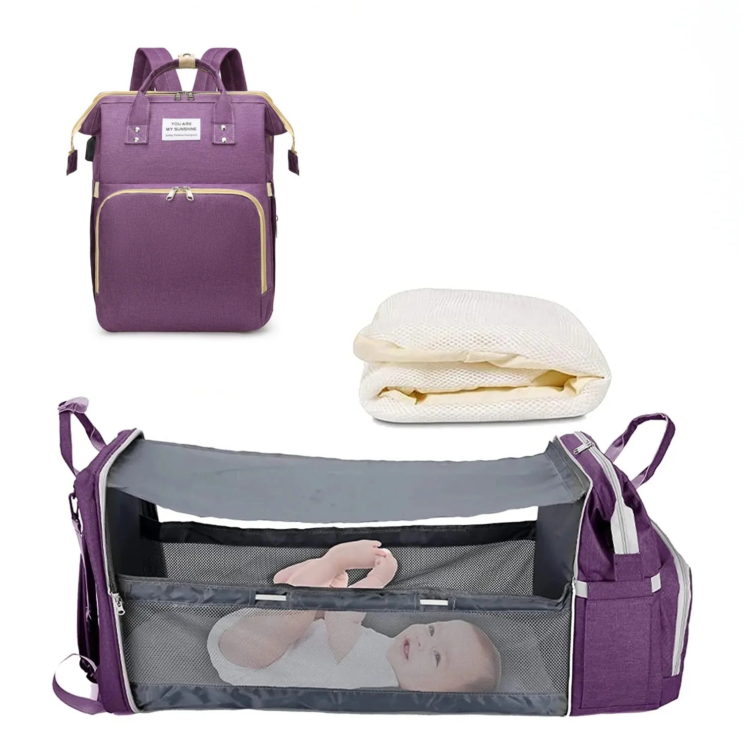 Purple 3-in-1 baby travel backpack with mattress and crib insert for naps away from home.