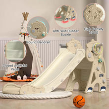 3-in-1 toddler slide with safety features labeled for secure climbing and sliding during active play.