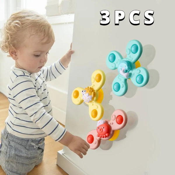 3Pc Baby Bath Sucker Spinners cartoon rattle fidget toy set for splash-time play and sensory bath fun.