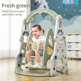 Child sitting on a green and white swing set with text indicating 'Fresh green' and 'Height second gear, adjustable swing'.