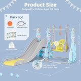 Children's playground set with slide and swing, featuring product size and package details.