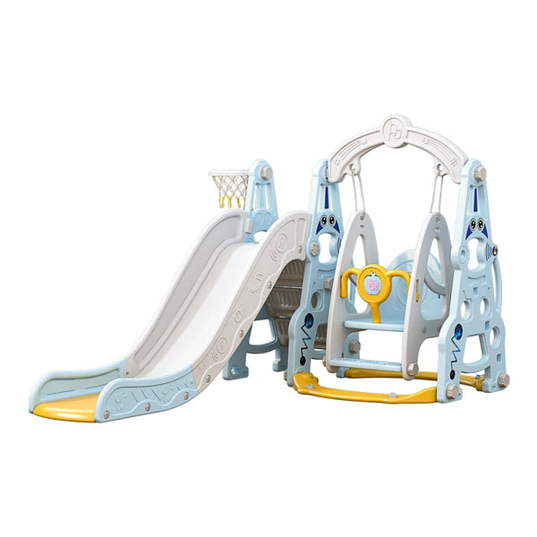 Children's playground set with slide and climbing structure.