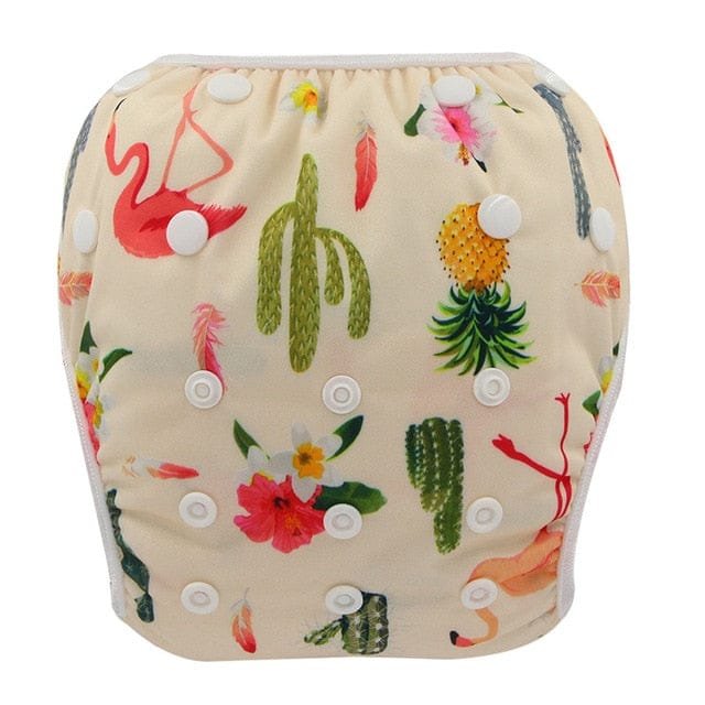 Beige cloth diaper with flamingo, pineapple, and floral pattern on a white background