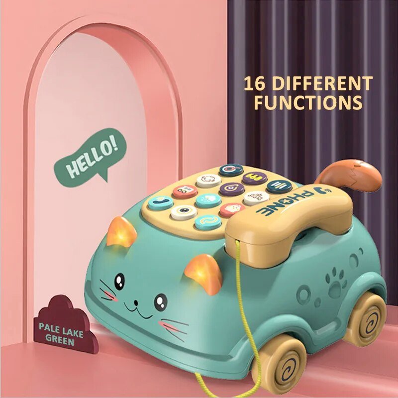 Toy phone with cat design on a pink background, featuring '16 Different Functions' text.