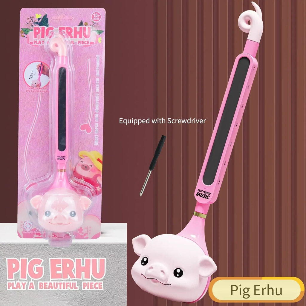 Pink pig-shaped erhu with packaging and screwdriver on a brown background
