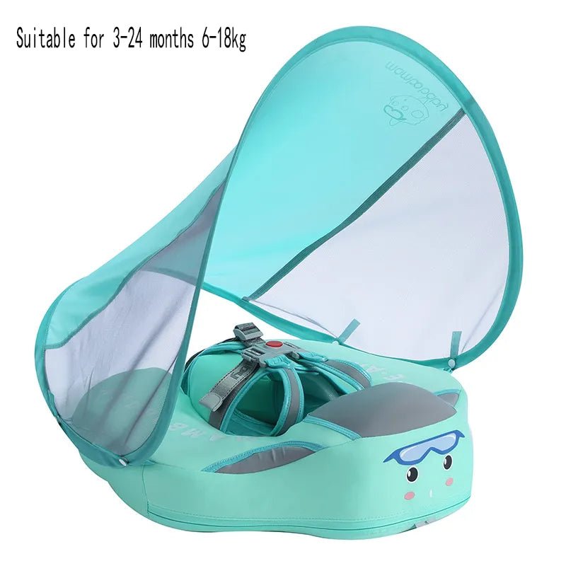 Teal baby seat with canopy on a white background