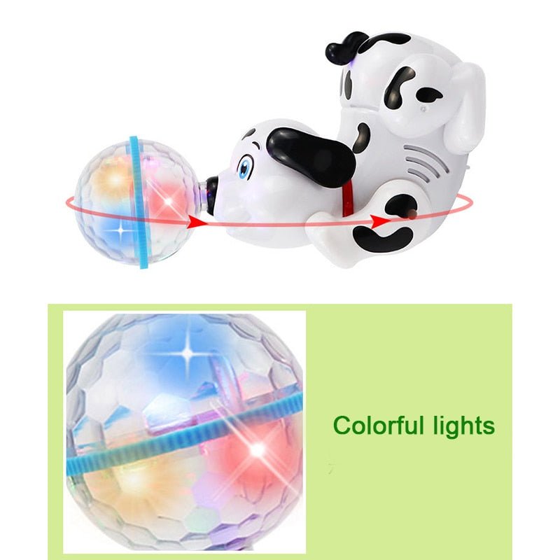 Toy dog with a ball that has colorful lights, on a white background.