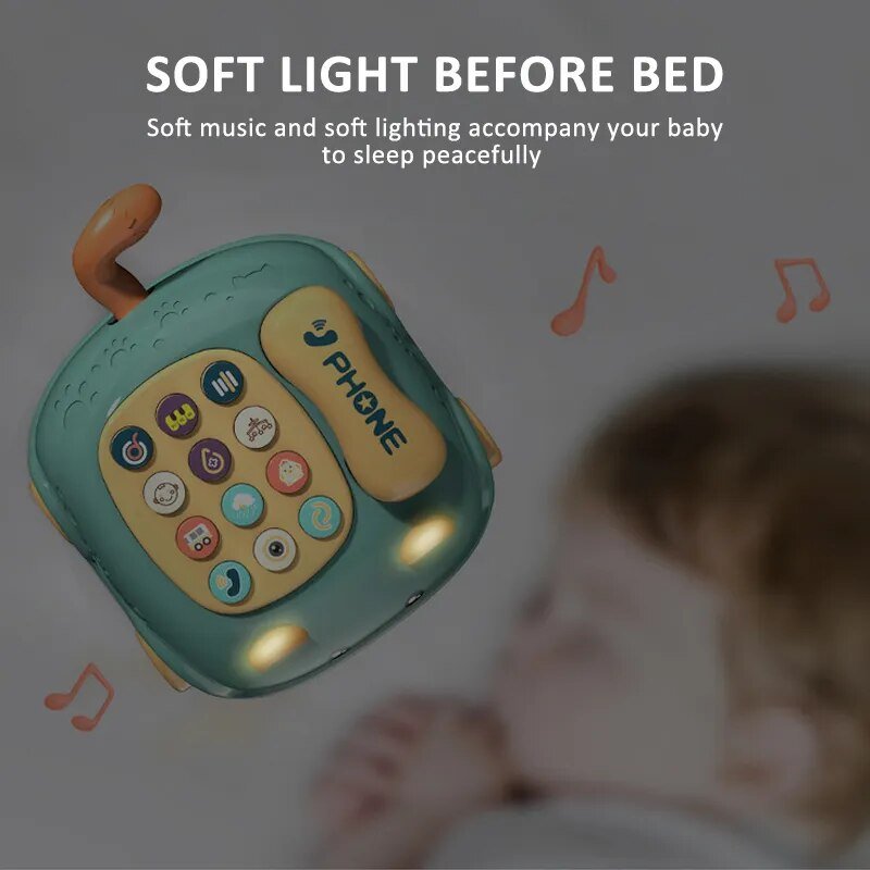 Toy phone with colorful buttons and a child in the background, text about soft light before bed.