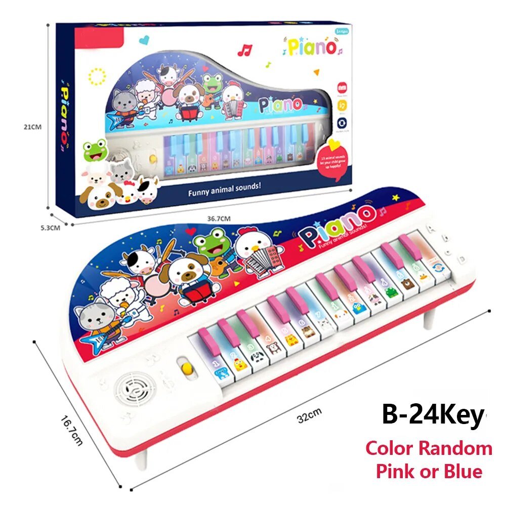 Children's toy piano with cartoon characters on a white background