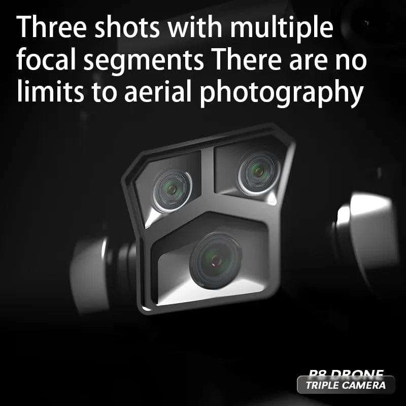 Triple camera system for drones with text about aerial photography on a dark background
