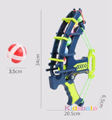 Toy bow and arrow set with measurements on a gray background