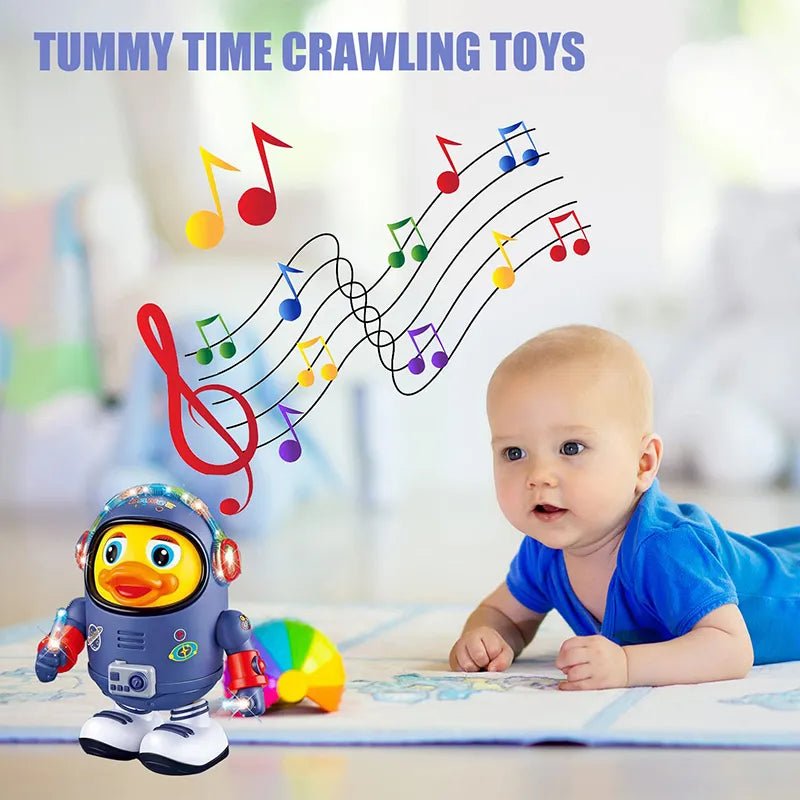 Baby playing with an astronaut duck toy on a carpeted floor.