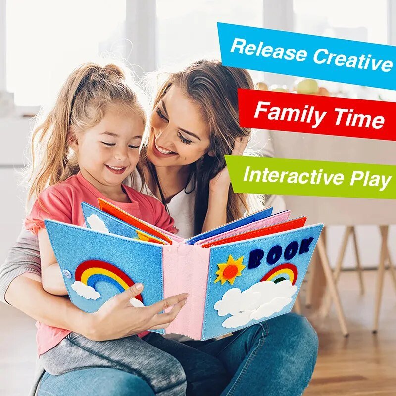 Woman and child reading a colorful book together, with text about creative family time and interactive play.