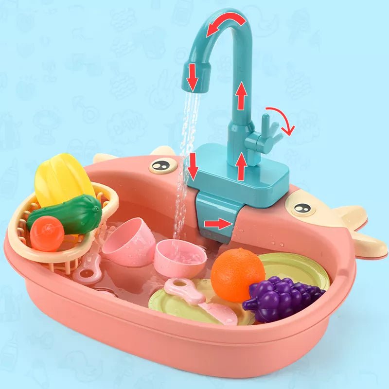 Toy kitchen sink with faucet and vegetables on a blue background